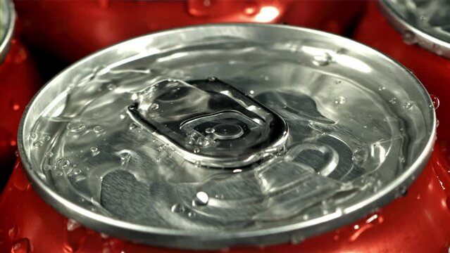 Drops of water fall on a can of cola. Filmed is slow motion 1000 fps. High quality FullHD footage