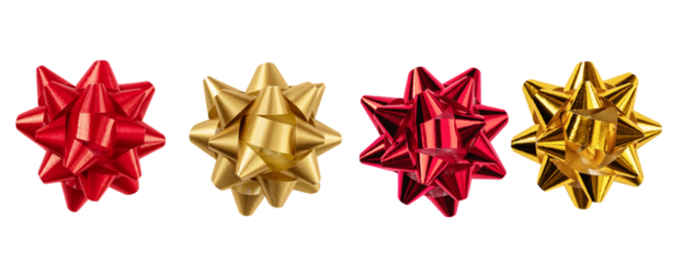 Set of red and golden bows isolated on transparent background. Paper tied bow for design.