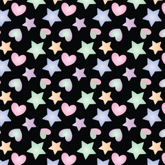 Seamless pattern with colorful heart and stars. Vector repeating texture. on dark background