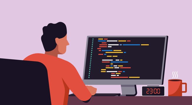Programming concept, software developer writing code and coding HTML on computer screen in the office, vector flat illustration