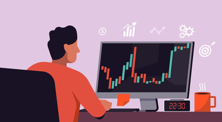 Investor man analyzing investment strategy and looking at graphs on computer screen thinking of financial risks, vector flat illustration
