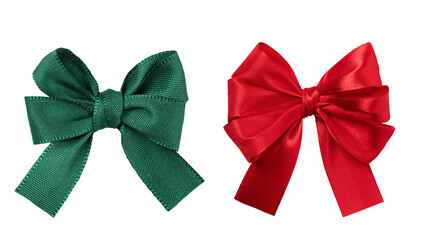 Green and red tied bow for gift package decoration isolated on transparent background. Set of...
