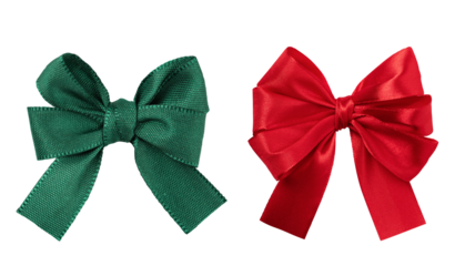 Green and red tied bow for gift package decoration isolated on transparent background. Set of ribbon tied bow as an element for your design.