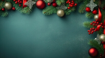 A christmas border with red and gold ornaments. Generative AI.