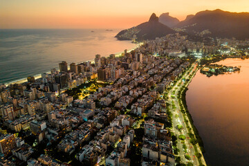 View of Ipanema and Leblon District Buildings and Mountains at Night in Rio de Janeiro, Brazil