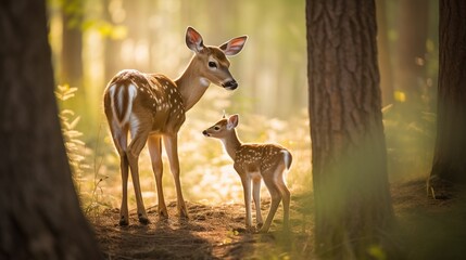  a young deer standing next to an adult deer in a forest.  generative ai © Oleg