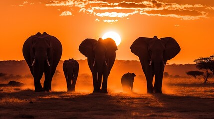 Fototapeta na wymiar a herd of elephants walking across a dry grass field at sunset. generative ai