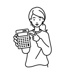 立って電卓を持ってこちらに向けて見せているスウェットの女性