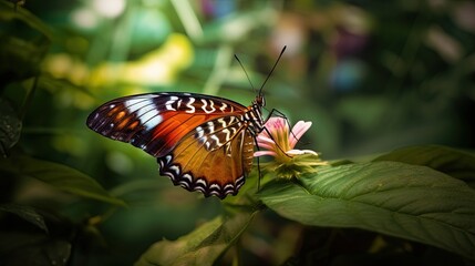 Fototapeta na wymiar a butterfly sitting on top of a flower on a leaf. generative ai