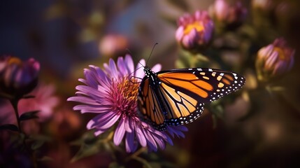 Fototapeta na wymiar a monarch butterfly sitting on a flower in a field of flowers. generative ai