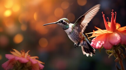 Fototapeta na wymiar a hummingbird hovering over a flower with a blurry background. generative ai