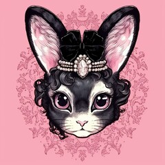 Illustration of a dolly black rabbit on pink background