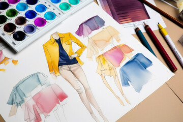 Generative AI illustration of fashion clothes sketches near fabric swatches, color board, palette and color pencil in workshop