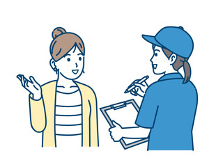 引っ越し業者、リサイクル業者に依頼をする女性