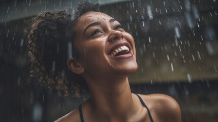 A radiant African American woman wears a joyful smile as raindrops cascade around her, creating a moment of pure happiness. Looking Up generative AI.