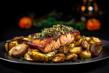 Juicy baked salmon with vegetables on a dark plate generative ai