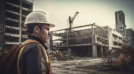 Portrait of a male construction worker on a construction site. A man looks at the buildings destroyed by the war, restoration after the disaster, generative AI.