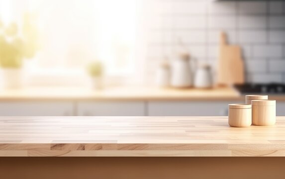 Wooden jars on a wooden table in the kitchen. AI, Generative AI