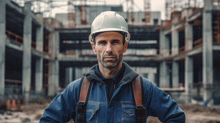 Portrait of a male construction worker on a construction site. A serious man against the background of a house under construction. generative AI.