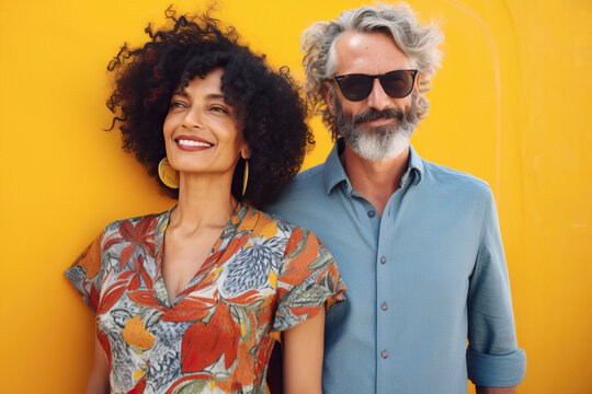 Generative AI Illustration Of Happy Middle Aged Couple With Curly Hair Smiling And Looking At Camera While Standing Against Yellow Background