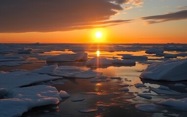 Arctic sea landscape at sunset. AI, Generative AI