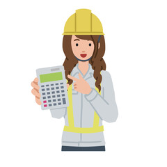 立って電卓を持ってこちらに向けて見せている工事現場の女性