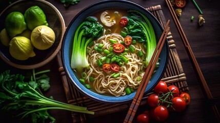 Asian Noodle soup with pak choi, vegetables and sesame seeds on wooden tray. Top view. AI generated - obrazy, fototapety, plakaty