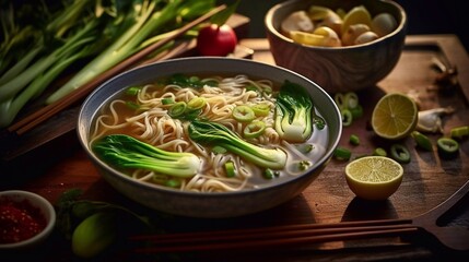 Asian Noodle soup with pak choi, vegetables and sesame seeds on wooden table. Top view. AI generated - obrazy, fototapety, plakaty