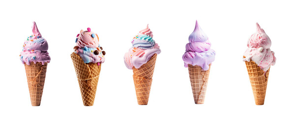 Collection set of ice cream cones in a row, choice summer snacks isolated on transparent...