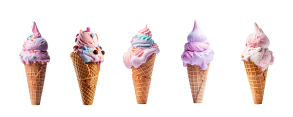 Collection set of ice cream cones in a row, choice summer snacks isolated on transparent background, png file