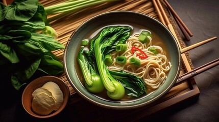 Asian Noodle soup with pak choi, vegetables and sesame seeds on wooden table. Top view. AI generated