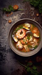 Noodle soup with shrimps on dark table. Asian cuisine. Top view. Generative AI