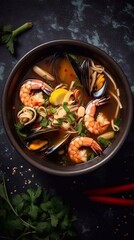 Noodle soup with shrimps on black slate  table. Asian cuisine. Top view. Generative AI
