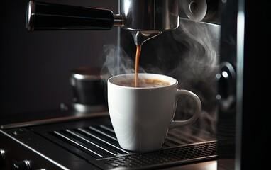 Coffee in a white mug surrounded by steam from the coffee machine. AI, Generative AI