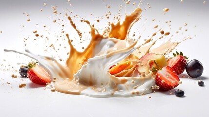 Obraz na płótnie Canvas Milk and caramel splash on white background. Breakfast concept. AI Generated