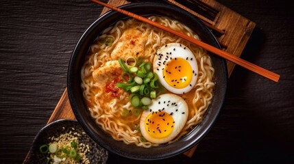 Asian ramen soup with meat, egg, chives and spices. Top view. AI generated - obrazy, fototapety, plakaty