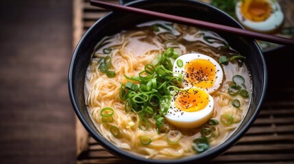 Asian ramen soup with meat, egg, chives and spices. Top view. AI generated