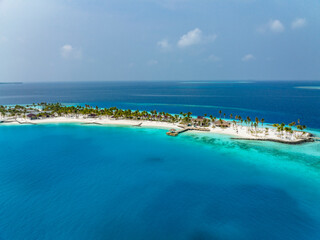 Fototapeta na wymiar Aerial View, Maldives, North Malé Atoll, Indian Ocean, the newly built OBLU XPERIENCE Ailafushi Resort and the OBLU SELECT Lobigili Resort