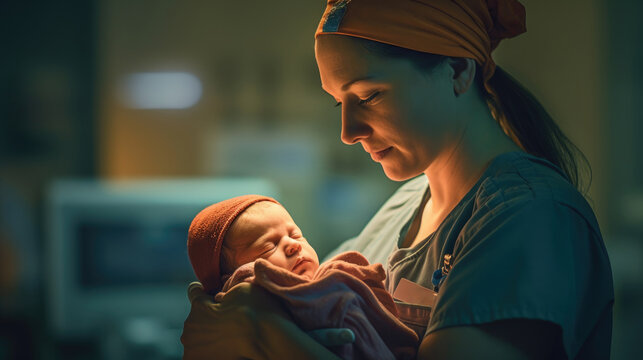 A Newborn In The Clinic, A Baby Born In The Hospital, A Sick Patient On Treatment. Nurse Generative AI.