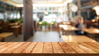 Selected focus empty brown wooden table and Coffee shop blur background with bokeh image. for your photomontage or product display.