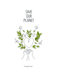 Environmentally friendly planet concept. Sprout with green leaves and a sketch of heart with supporting hands. Environmentally friendly planet Concept. Think Green. Transparent png.
