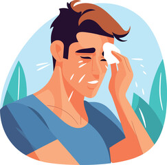 a man engaged in physical activity, such as exercising, working out, or participating in sports, wiping sweat from his forehead