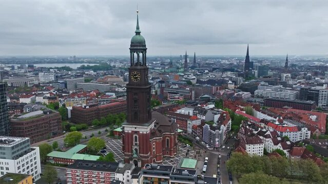 Drone shot of St. Michael's Church ( Hauptkirche St. Michaelis )  Hamburg , Germany . it is a landmark of the city and it is considered to be one of the finest Hanseatic Protestant baroque churches.