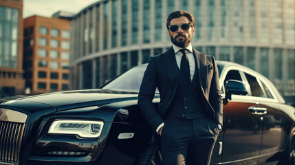Confident male businessman in sleek black suit poses with a modern luxury car, embodying success and sophistication generative AI.