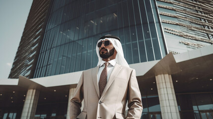 Portrait of a confident Arab businessman, wearing traditional attire, representing professionalism and cultural diversity generative AI.