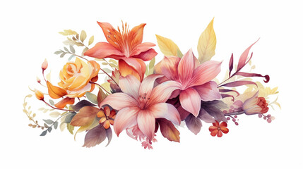 Fototapeta na wymiar Watercolor painting of flowers and leaves isolated on white backgroundcreated with Generative AI technology
