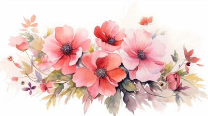 Watercolor painting of flowers and leaves isolated on white backgroundcreated with Generative AI technology