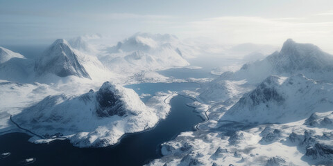 Fototapeta na wymiar Aerial view of snowy landscape with high mountains by the sea.Image ai generate. Generative AI