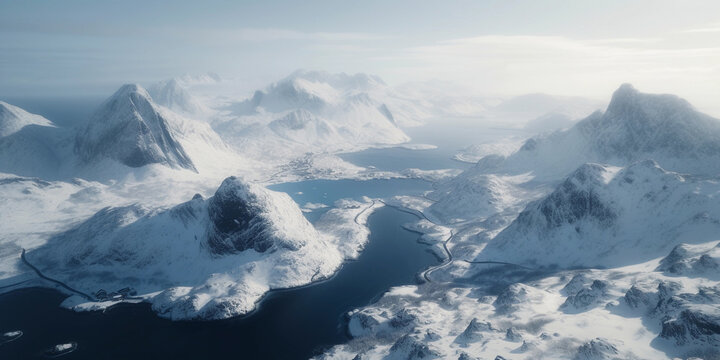 Aerial view of snowy landscape with high mountains by the sea.Image ai generate. Generative AI