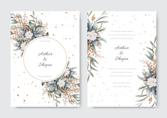 Elegant wedding invitation card with beautiful floral and leaves template